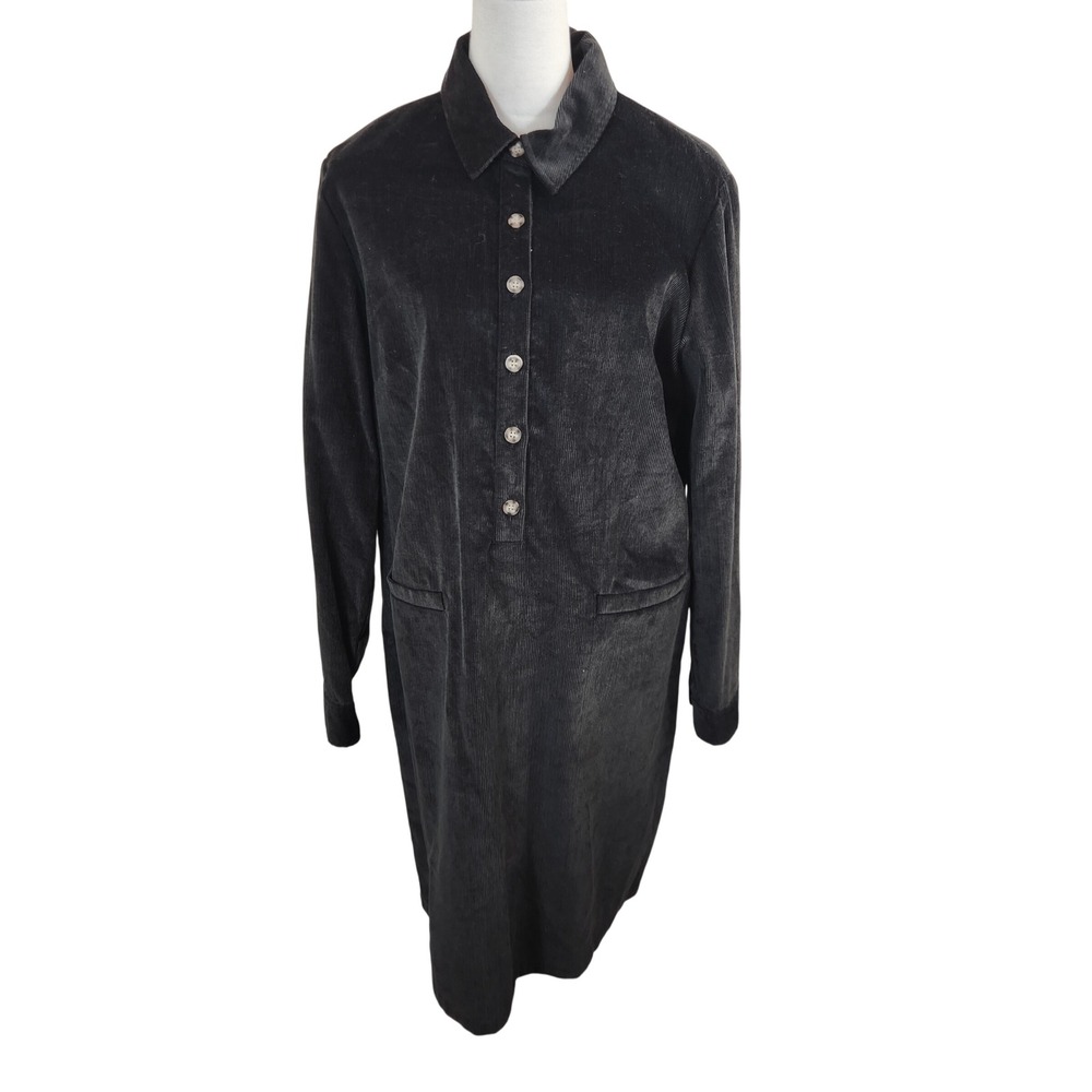 Talbots Womens Black Corduroy Long Sleeve Button Front Shirt Dress Size 16 Vtg